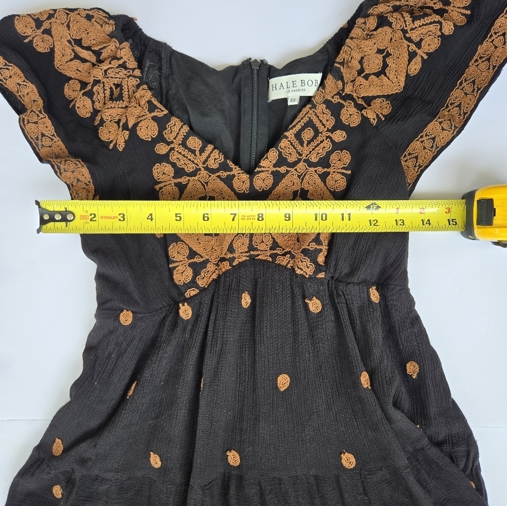 Hale Bob Black Mini Dress with Brown Embroidery -Size XS -100% Rayon - Picture 4 of 8